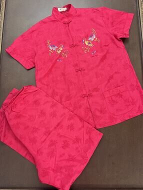 Vintage Silver Lake Chinese Pajama Set Red Rayon Embroidered L Loungewear